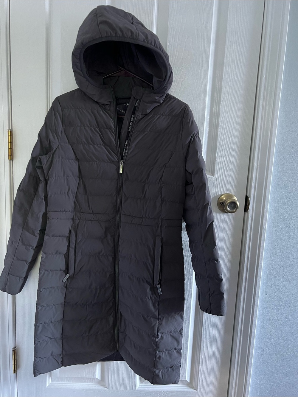 Michael Kors Long Hooded Puffer Coat in Charcoal